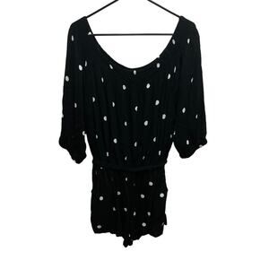 Ava Sky Black with White Polka Dot Design Off the Shoulder Romper with Pickets L